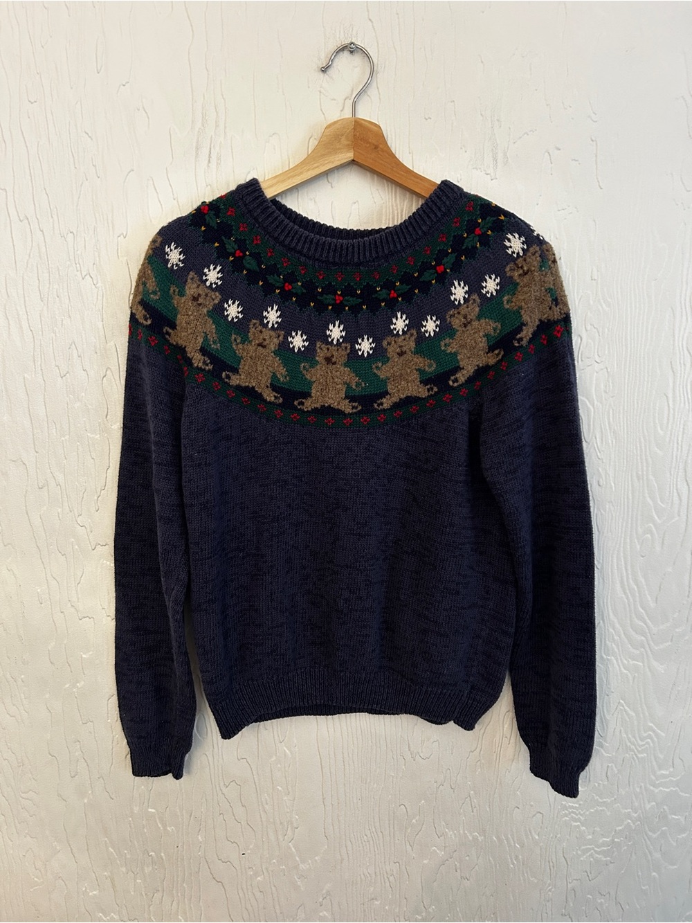 Teddy Bear Yoke Cotton Knit Sweater Navy Blue Medium Holiday Winter Whimsical